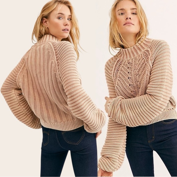 Free People Sweetheart Chunky Knit Mock Neck Oversized Sweater Large Tan Nude - Picture 3 of 16